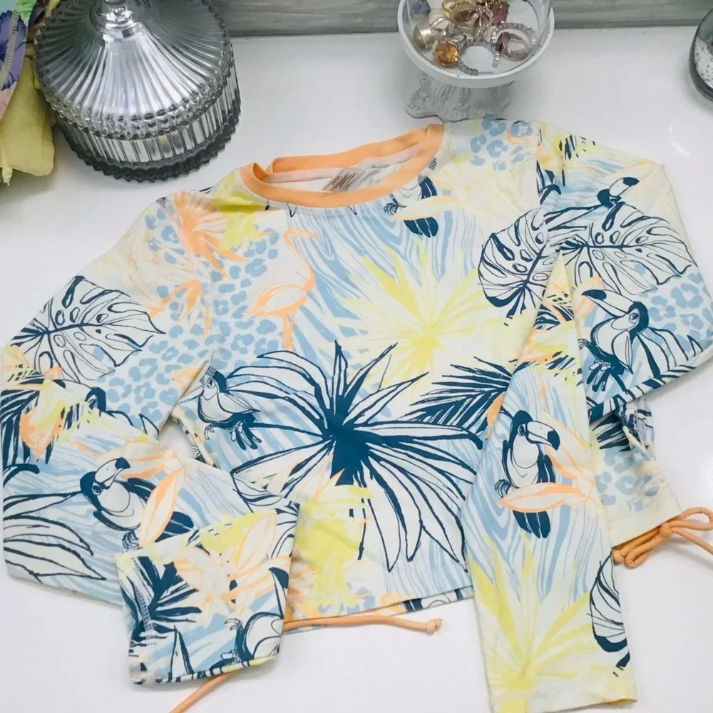 Ruffle Butts Toucan Jungle Rashguard Swim Set Sz 16